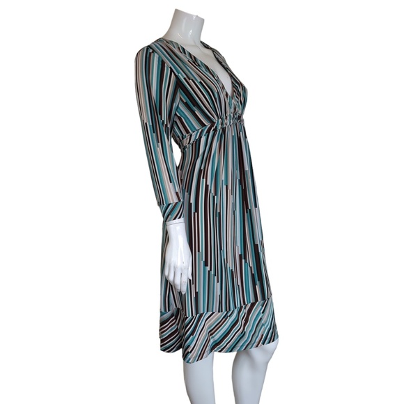 BCBGMaxAzria Dresses & Skirts - BCBGMaxAzria Retro Teal Blue Brown Striped Dress V Neck 3/4 Sleeves